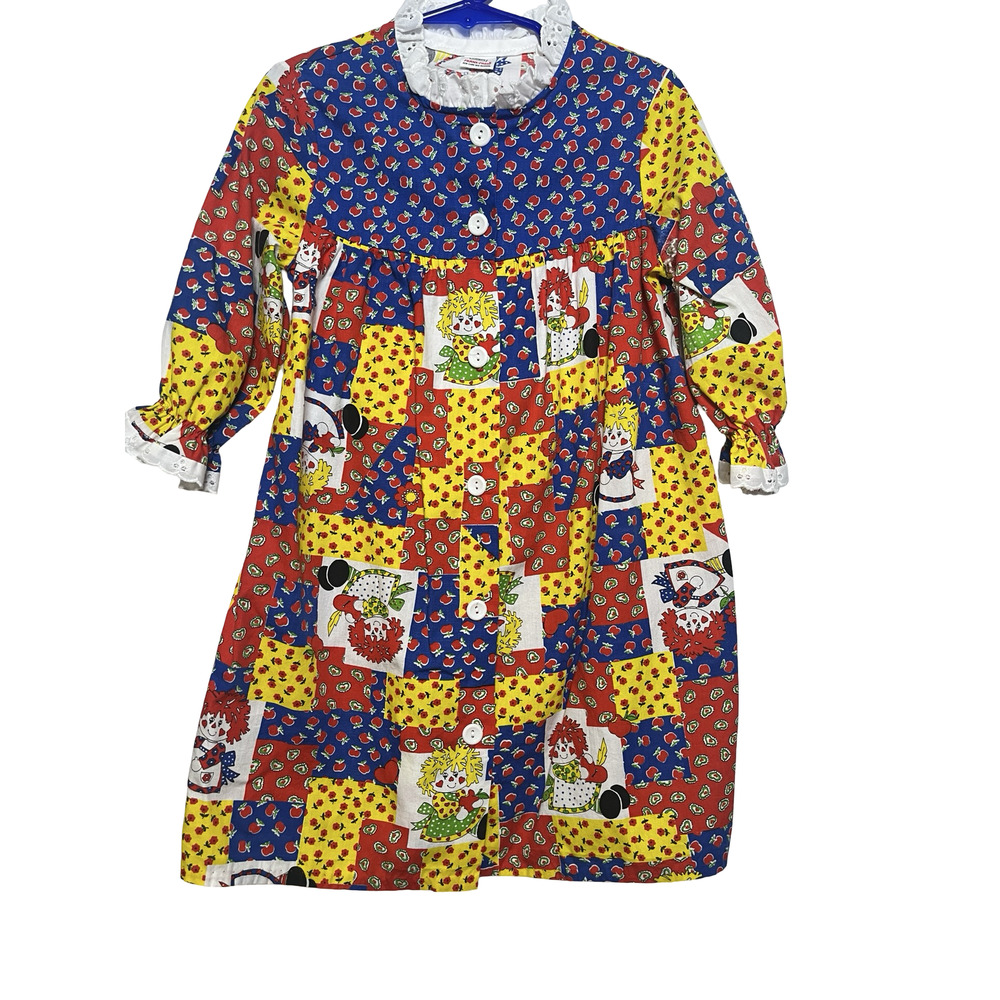 Vintage Sears Shirt Dress Girls 6X Multicolor Raggedy Ann & Andy‎ Patchwork Lace
